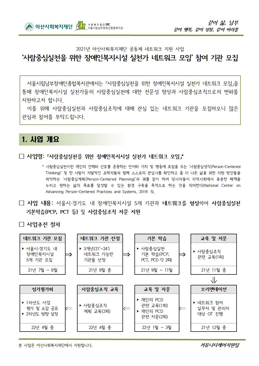 사람중심실천을 위한 장애인복지시설 실천가 네트워크 모임 개요서 1페이지