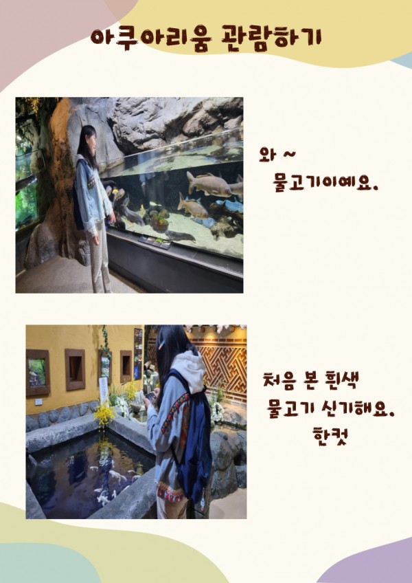아쿠아리움 물고기를 관람하는 모습과 사진 찍는 모습
