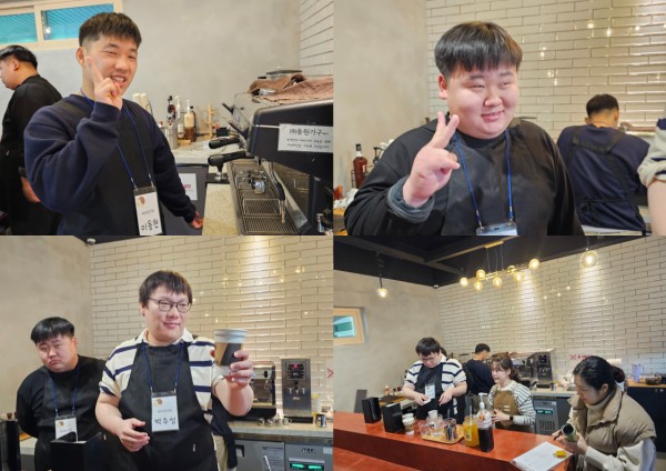 음료 제조 중 멋지게 브이를 하며 사진을 한 장 찍어보았다.