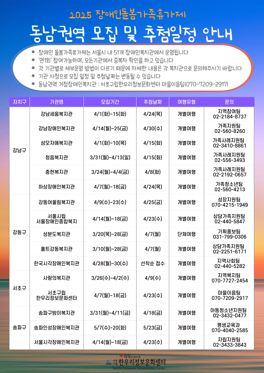 동남권역 장애인돌봄가족휴가제 모집일정 홍보지