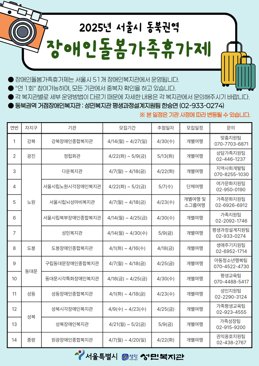 동북권역 장애인돌봄가족휴가제 모집일정 홍보지