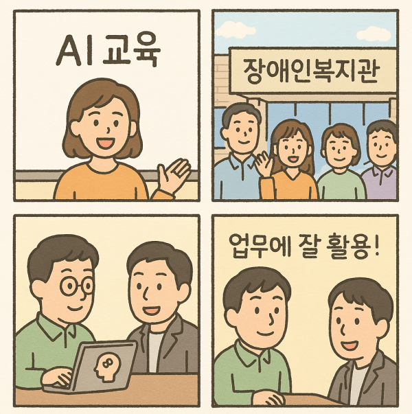 4컷 만화. 1컷 AI 교육하는 모습, 2컷 장애인복지관 모습, 3컷 노트북으로 AI 사용하는 모습, 4컷 AI 교육을 통해 업무에 잘 활용하는 모습