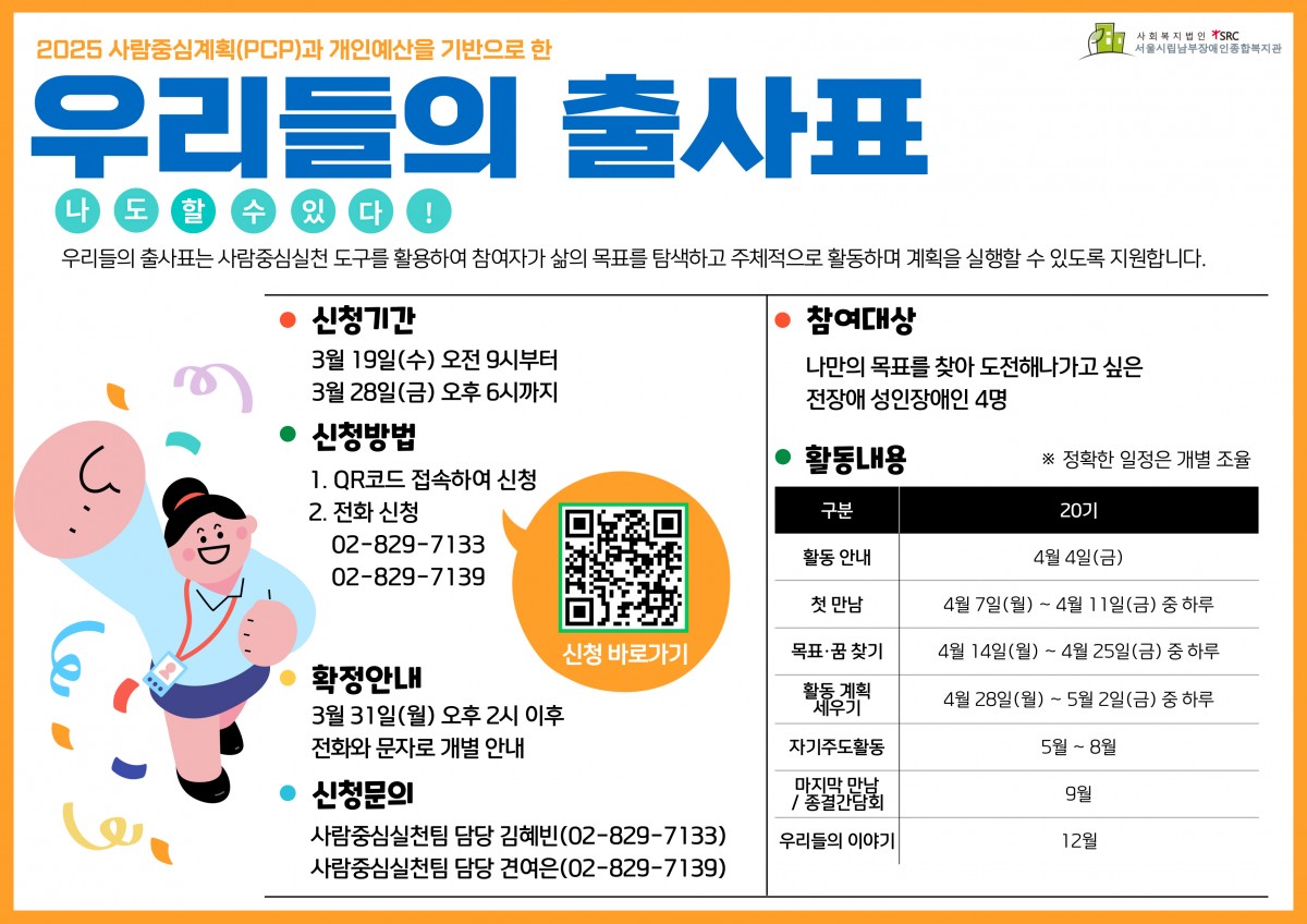 [모집 개요] 1. 참여자: 나만의 목표를 찾아 스스로 이뤄가고자 하는 성인 장애인 4명 2. 신청기간: 3월 19일(수) 오전 9시부터 3월 28일(금) 오후 6시까지 3. 신청방법: 홍보지를 보고 내가 원하는 활동시기를 선택하여 ① 링크에 접속하여 신청(신청 링크 바로가기), ② 전화 신청(02-829-7133, 9) 4. 확정안내: 3월 31일(월) 오후 2시 이후 전화와 문자로 개별 안내 5. 활동기간: ①20기: 4월 ~ 9월과 12월 / 정확한 일정은 개별 조율 가능, 자세한 내용은 문서 맨 마지막에 기재 6. 활동과정: ①활동 안내, 첫 만남→②목표/꿈 찾기→③활동 및 예산 계획하기→④자기주도 활동과 공유→⑤마지막 만남, 종결간담회→⑥우리들의 이야기 7. 활동혜택: ①개별활동비 최대 40만원 지원, ②활동 자료가 담긴 맞춤형 활동 책자 전달 8. 신청문의: 사람중심실천팀 담당 김혜빈(02-829-7133), 담당 견여은(02-829-7139)