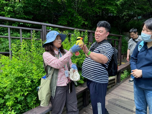 인형으로 된 새를 만져보는 참여자의 모습