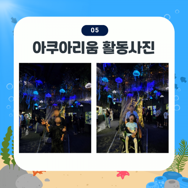 아쿠아리움 활동사진 4. 해파리 모양으로 생긴 조형물이 나무에 메달려 있고 파란 조명을 비추어 멋진 모습입니다. 이 해파리 나무 앞에서 활동지원사와 참여자가 함께 기념사진을 찍었습니다.