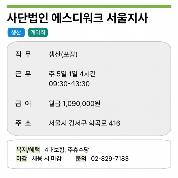 사단법인 에스디워크 서울지사  생산 계약직  직 무 생산(포장)  근 무 주 5일 1일 4시간 09:30~13:30  급 여 월급 1,090,000원  주 소 서울시 강서구 화곡로 416  복지/혜택 4대보험, 주휴수당 마감 채용 시 마감 문의 02-829-7183