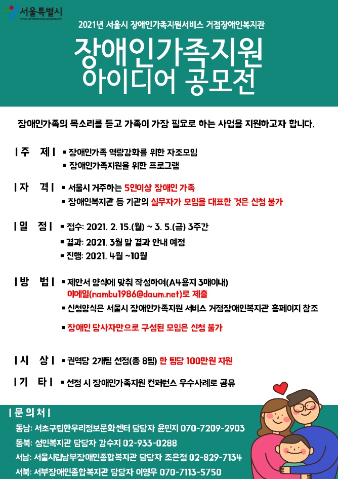 2021년 서울시 장애인가족지원서비스 거점장애인복지관 장애인가족지원 아이디어 공모전
장애인가족의 목소리를 듣고 가족이 가장 필요로 하는 사업을 지원하고자 합니다.
주제: 장애인가족 역량강화를 위한 자조모임, 장애인가족지원을 위한 프로그램
자격: 서울시 거주하는 5인이상 장애인가족, 장애인복지관 등 기관의 실무자가 모임을 대표하는 것은 신청불가
일정: 접수 2021.2.15.(월)~3.5.(금)3주간
결과 2021. 3월말 결과 안내 예정
진행 2021. 4월 ~ 10월
방법: 제안서 양식에 맞춰 작성하여(A4용지 3매이내)이메일(nambu1986@daum.net)로 제출
신청양식은 서울시장애인가족지원서비스 거점장애인복지관 홈페이지 참조
장애인당사자만으로 구성된 모임은 신청불가
시상: 권역당 2개팀 선정(총 8팀) 한 팀당 100만원 지원
기타: 선정 시 장애인가족지원 컨퍼런스 우수사례로 공ㅇ
문의처: 동남: 서초구립한우리정보문화센터 담당자 윤민지070-7209-2903
동북: 성민복지관 담당자 강수지 02-933-0288
서남: 서울시립남부장애인종합복지관 담당자 조은정 02-829-7134
서북: 서부장애인종합복지관 담당자 이영우 070-7113-5750