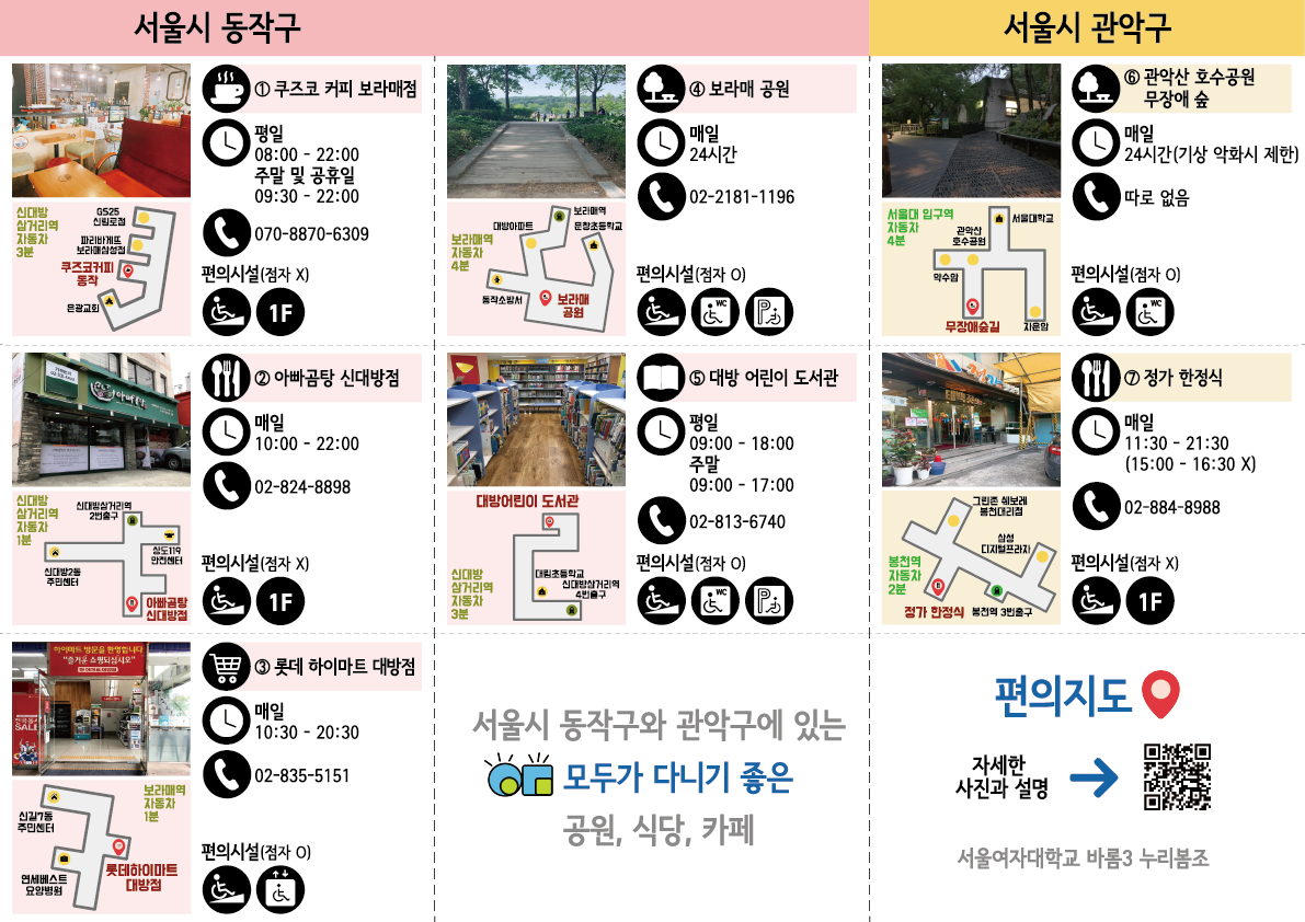 서울시 동작구와 관악구에 있는 모두가 다니기 좋은 공원, 식당, 카페 편의지도입니다.