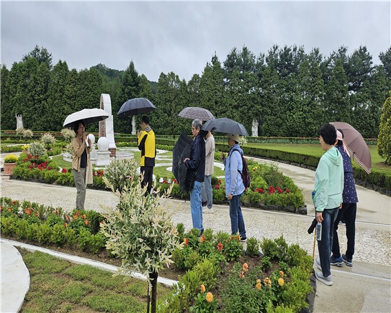 사람6명과 가이드 1명이 우산을 쓰고 벽초지수목원 공원을 산책하고 있는 사진. 빨간색, 주황색 꽃이 사람들 양쪽에 있고 사진 하단 중앙에 하얀색 나무가 있다.
