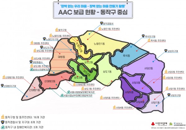 장벽 없는 마을 만들기 활동 시 배포한 AAC 의사소통 그림 글자판 배포 현황(동작구 지도 / 총 27개 기관)