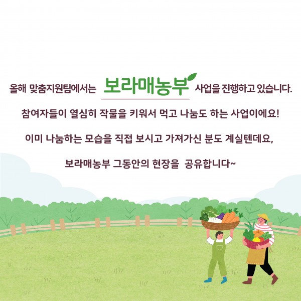 올해 맞춤지원팀에서는 보라매농부 사업을 진행하고 있습니다. 참여자들이 열심히 작물을 키워서 먹고 나눔도 하는 사업이에요! 이미 나눔하는 모습을 직접 보시고 가져가신 분도 계실텐데요, 보라매농부 그동안의 현장을 공유합니다~